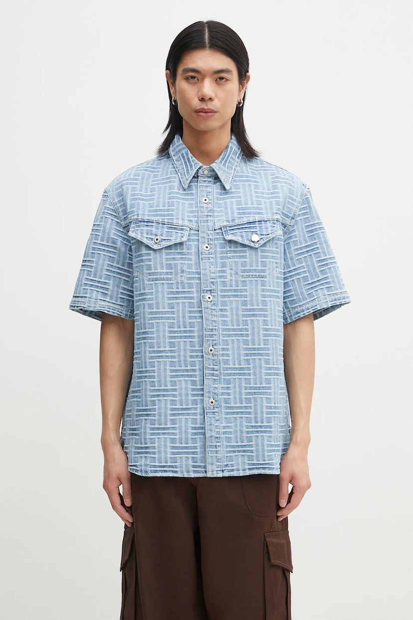 Košeľa Kenzo Kenzo Relaxed Short Sleeve Geometric Patterned Denim Shirt Classic Collar Modrá | FF55DC1026J4.DB