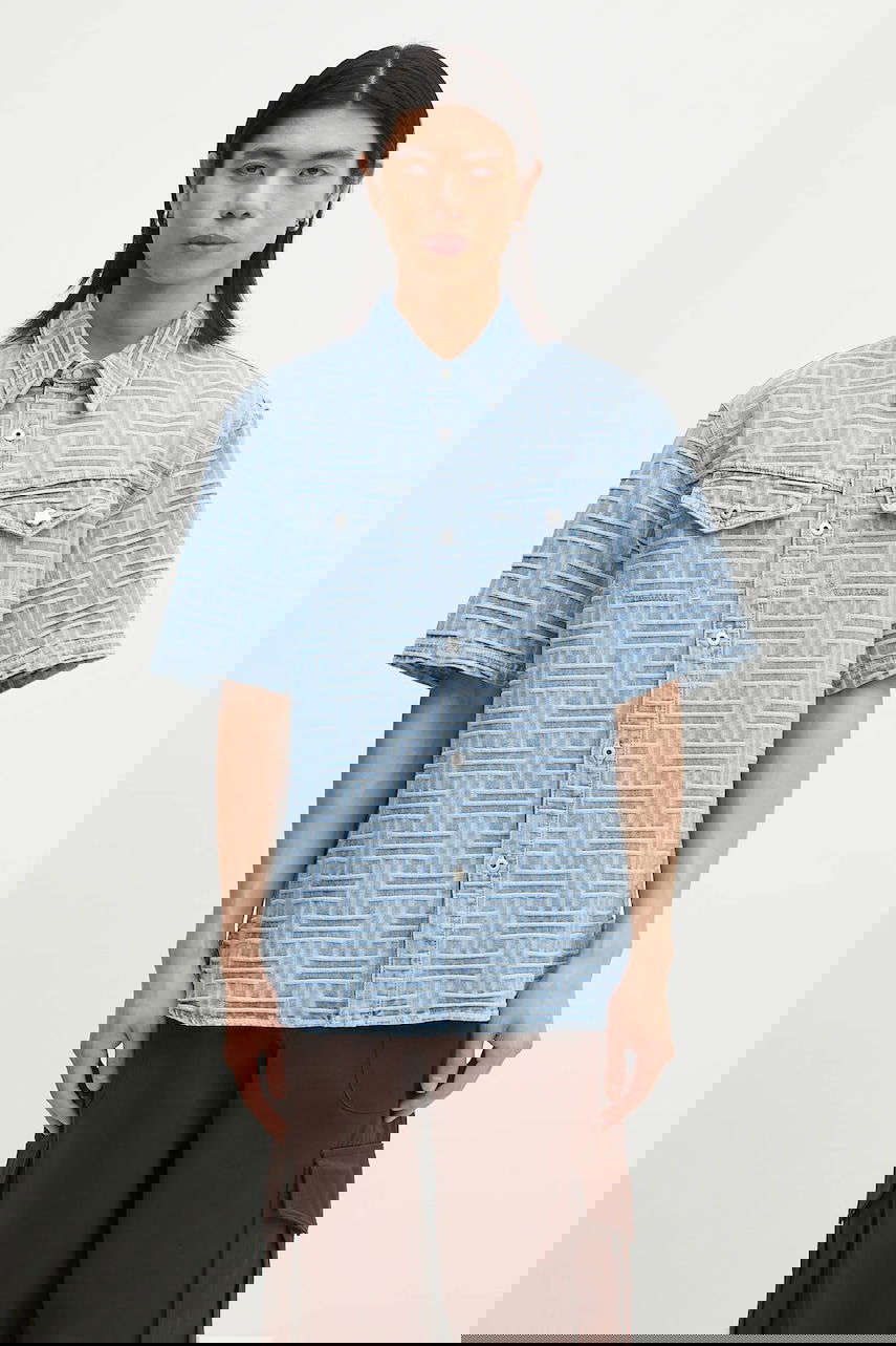 Košeľa KENZO Kenzo Relaxed Short Sleeve Geometric Patterned Denim Shirt Classic Collar Modrá | FF55DC1026J4.DB, 0