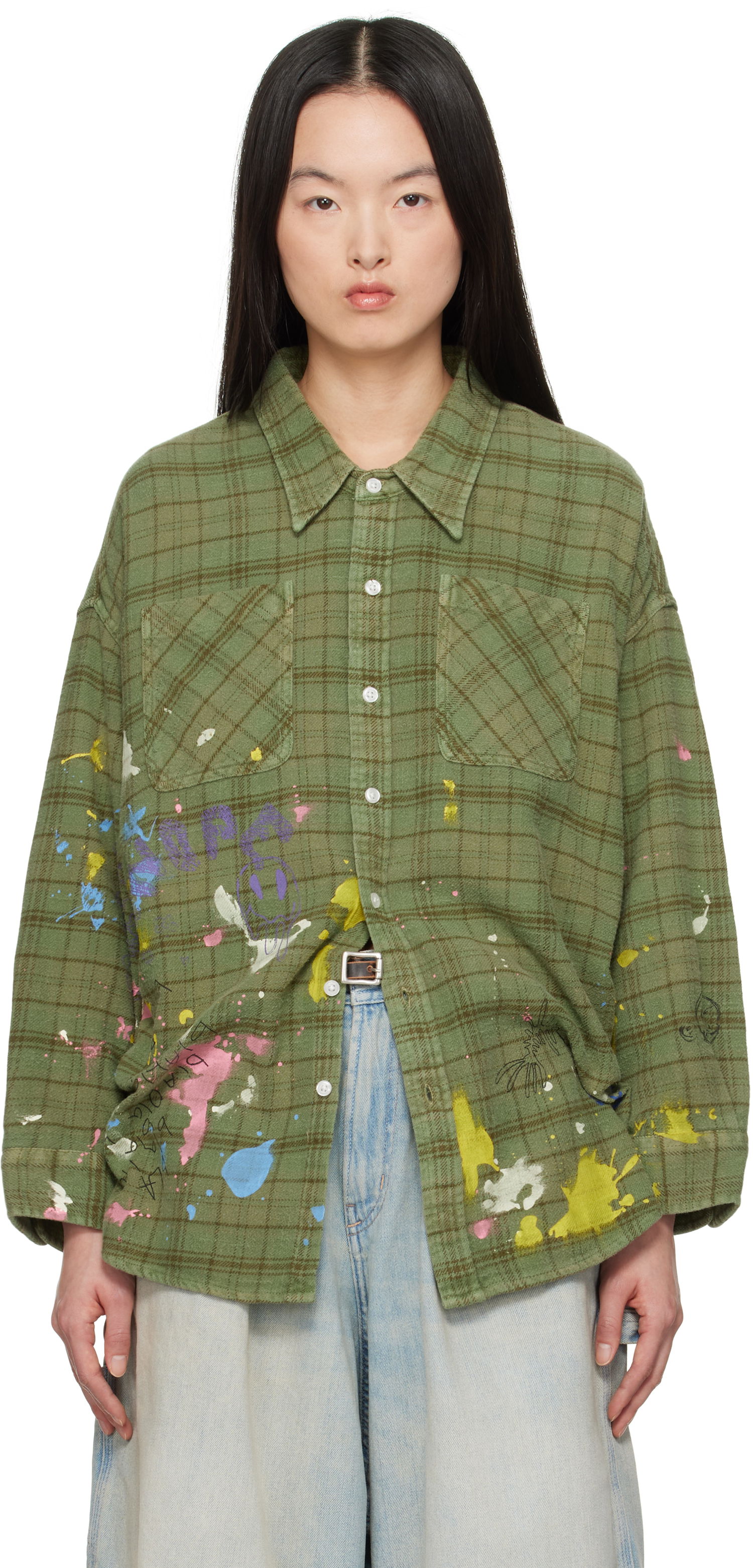 Košeľa R13 R13 Drop Neck Paint Splatter Plaid Work Shirt Zelené | R13WR015-R526B, 0