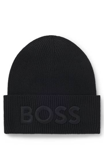 Kulicha BOSS BOSS Wool-Blend Beanie with Embroidered Logo Čierna | 50522449