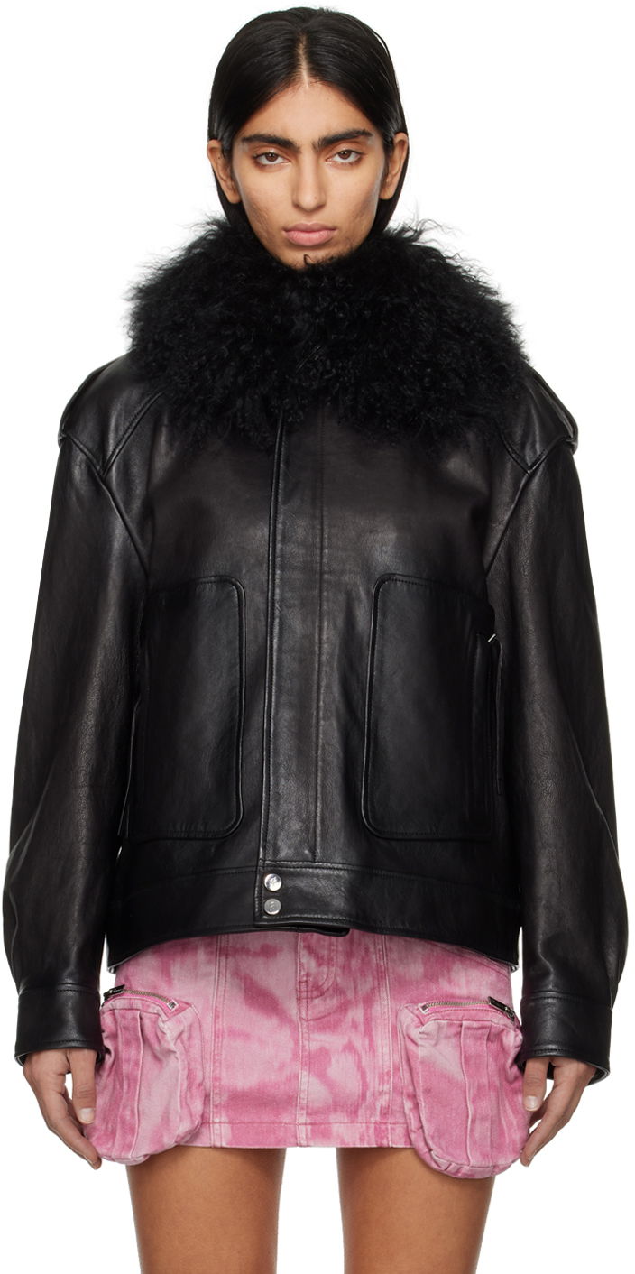Bomber bunda Blumarine Spread Collar Leather Biker Jacket With Fur Čierna | P422L043A, 0
