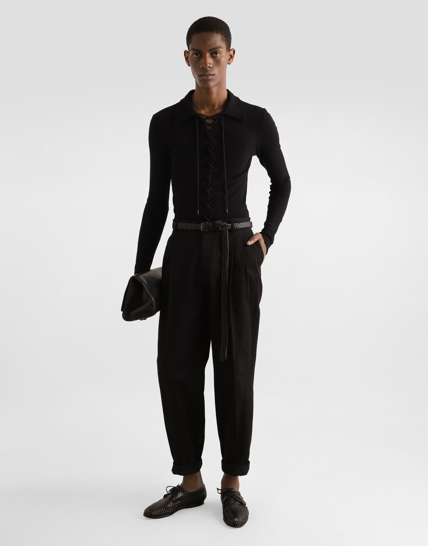 Polo tričko Dolce & Gabbana Dolce & Gabbana Long-Sleeved Interlock Jersey Polo Shirt with Laces Čierna | G8SR3TFUGFJN0000, 1