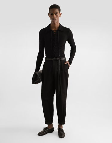 Polo tričko Dolce & Gabbana Dolce & Gabbana Long-Sleeved Interlock Jersey Polo Shirt with Laces Čierna | G8SR3TFUGFJN0000, 1