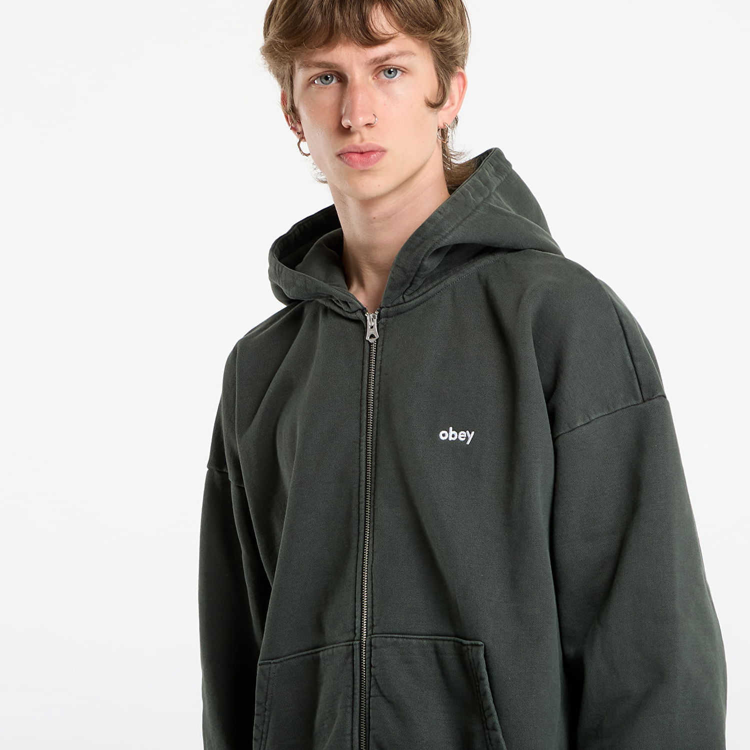 Mikina OBEY OBEY Lowercase Pigment Zip Hoodie Zelené | 112460019-PBA, 1