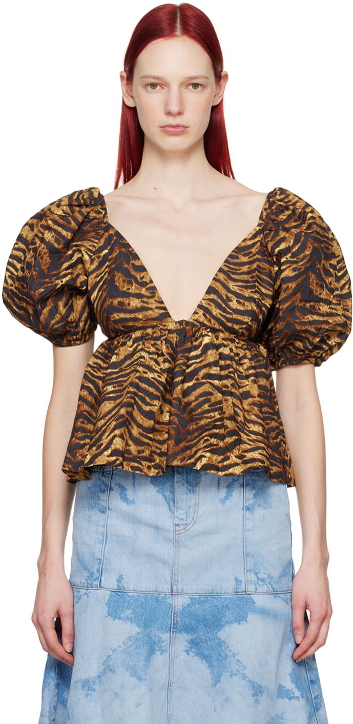 Tričko GANNI Tiger Print Peplum Blouse Čierna | F9030, 0
