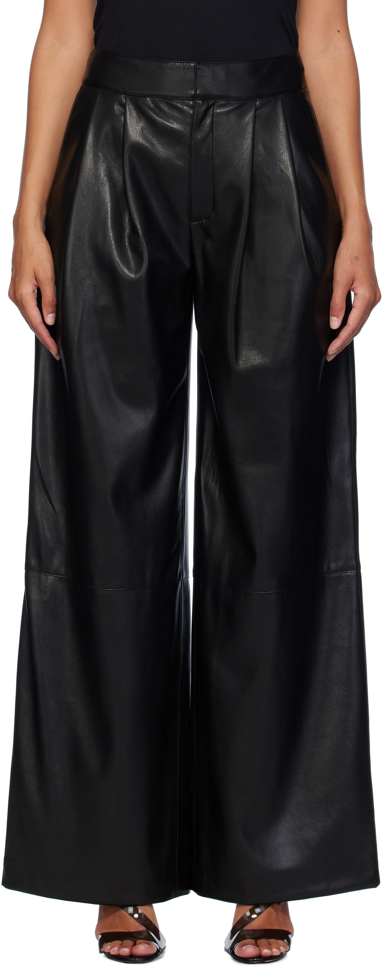 Nohavice BOSS Pleat-Front Relaxed-Fit Faux-Leather Trousers Čierna | 50518463, 0