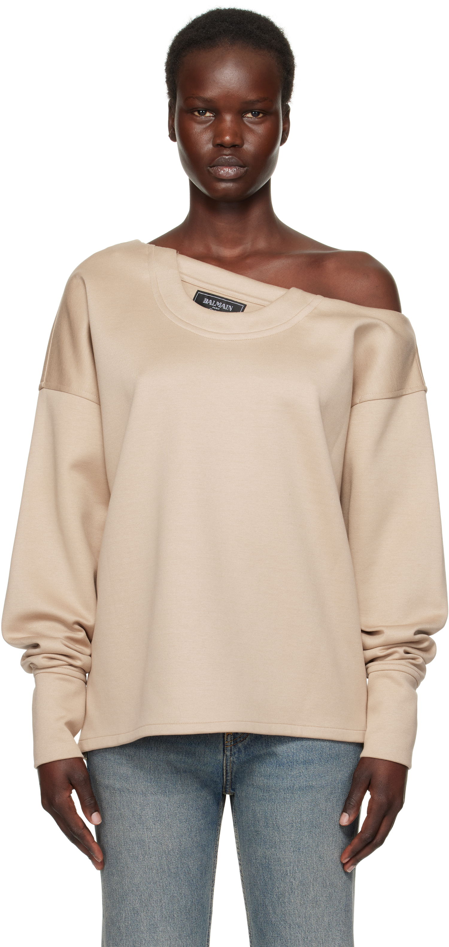 Sveter Balmain Balmain Asymmetrical Jersey Off-The-Shoulder Sweatshirt Béžová | EF1HU301JJ69, 0