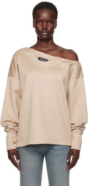 Sveter Balmain Balmain Asymmetrical Jersey Off-The-Shoulder Sweatshirt Béžová | EF1HU301JJ69, 0
