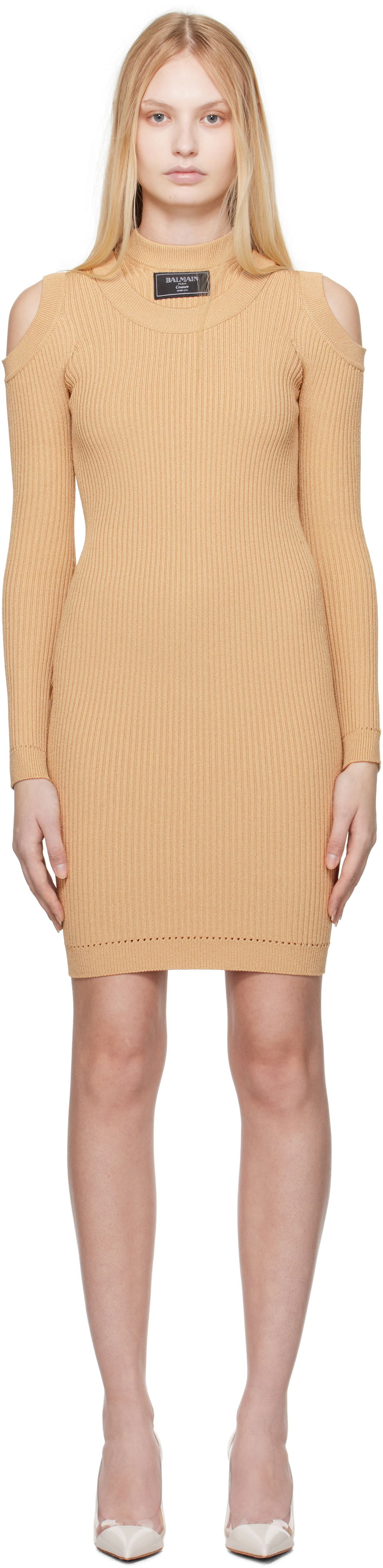 Šaty Balmain Balmain Shoulder Cut Knit Minidress Béžová | EF1R8291KI10, 0