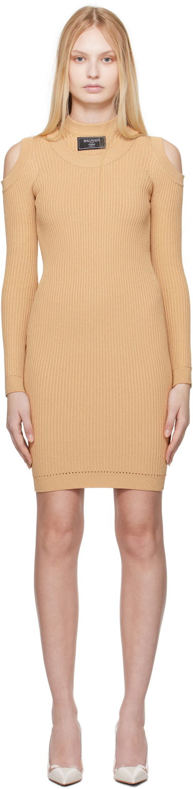 Šaty Balmain Balmain Shoulder Cut Knit Minidress Béžová | EF1R8291KI10, 0