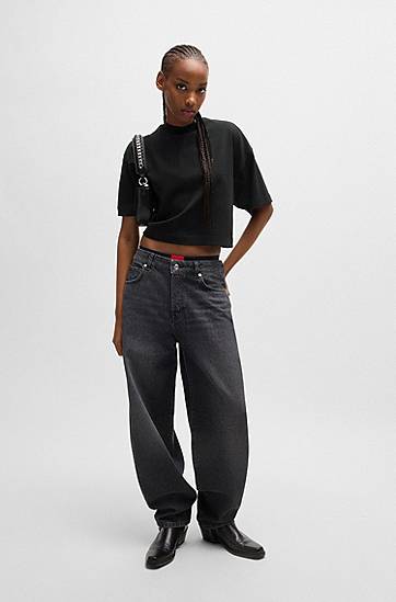 Crop Top BOSS Relaxed-Fit Cropped T-Shirt with Stacked Logo Čierna | 50520187, 1