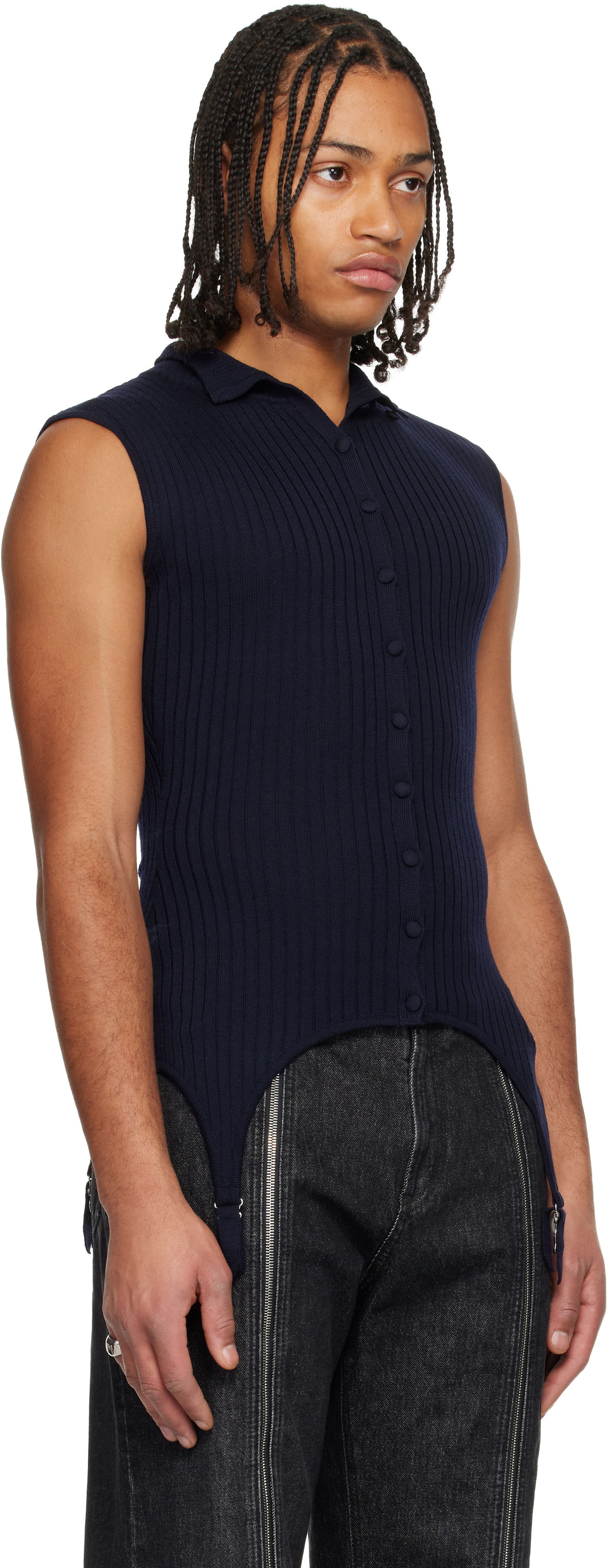 Polo tričko Jean Paul Gaultier 'The Garter Waistcoat' Sleeveless Ribbed Knit Polo Top Navy | 25/04-W-PO025-K012-59, 1