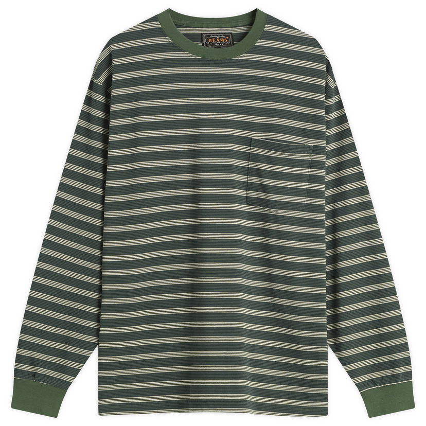 Tričko BEAMS Beams Plus Long Sleeve Pocket T-Shirt, Size Small Zelené | 3814-0087-048-65