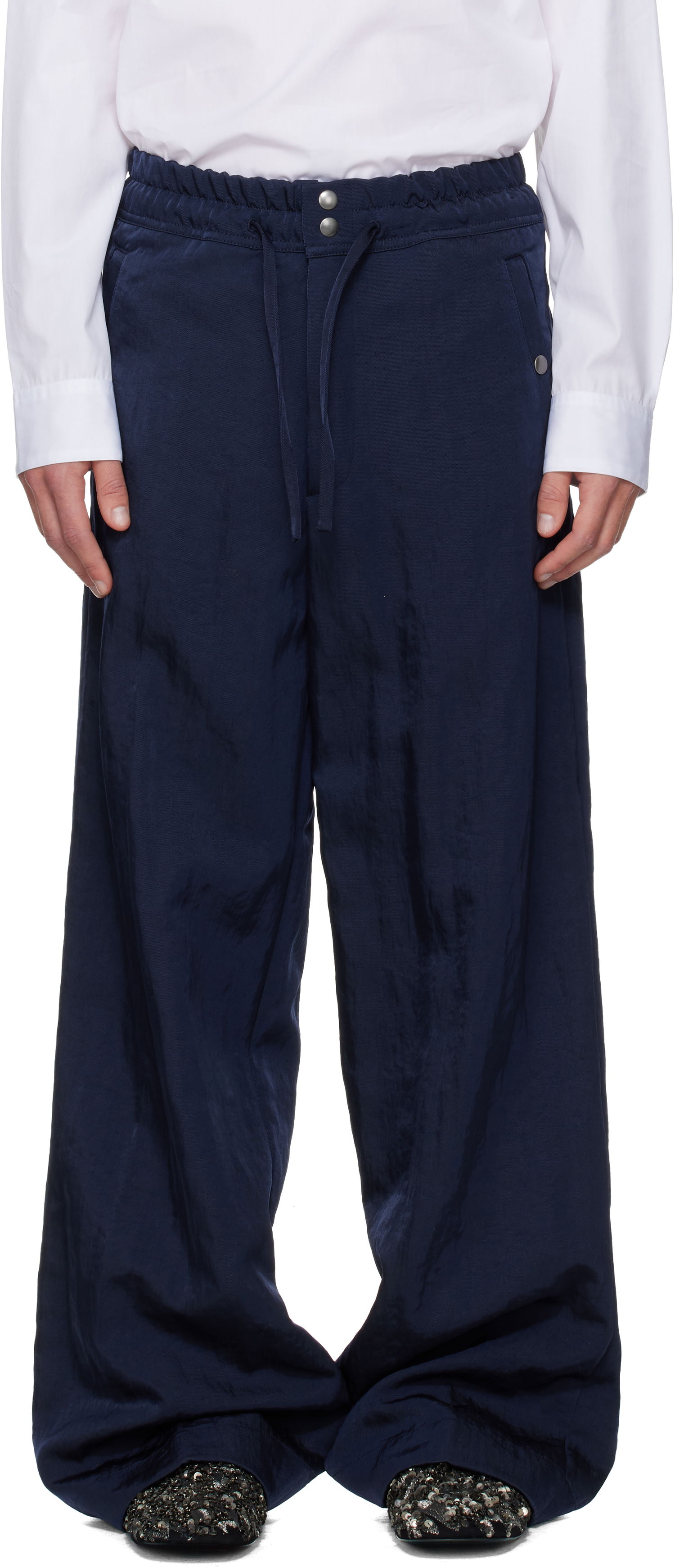 Nohavice Dries Van Noten Dries Van Noten Twill Wide-Leg Drawstring Trousers Navy | 252-020993-2328, 0