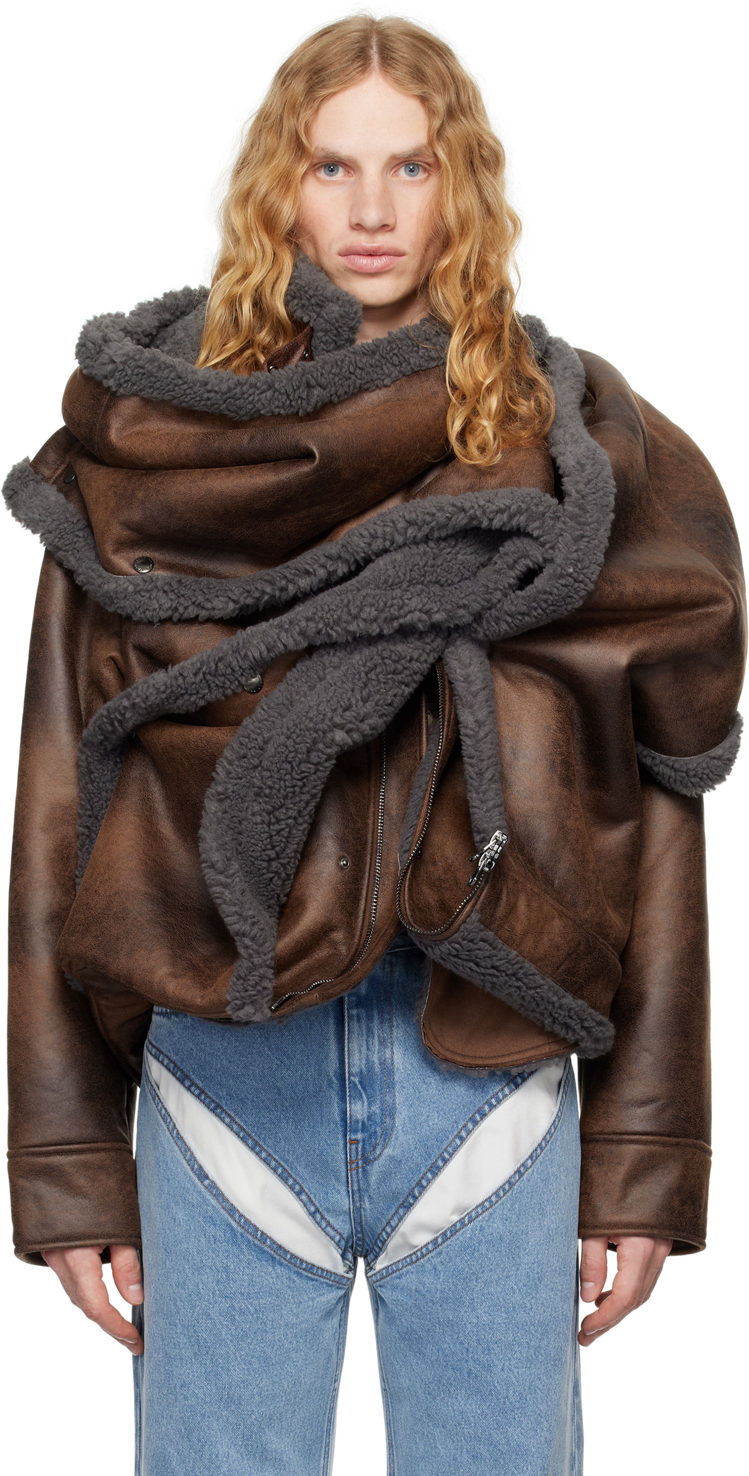 Bunda Y/PROJECT Brown & Gray Snap Off Panel Hood Aviator Faux-Leather Jacket Hnedá | 209JA004, 0