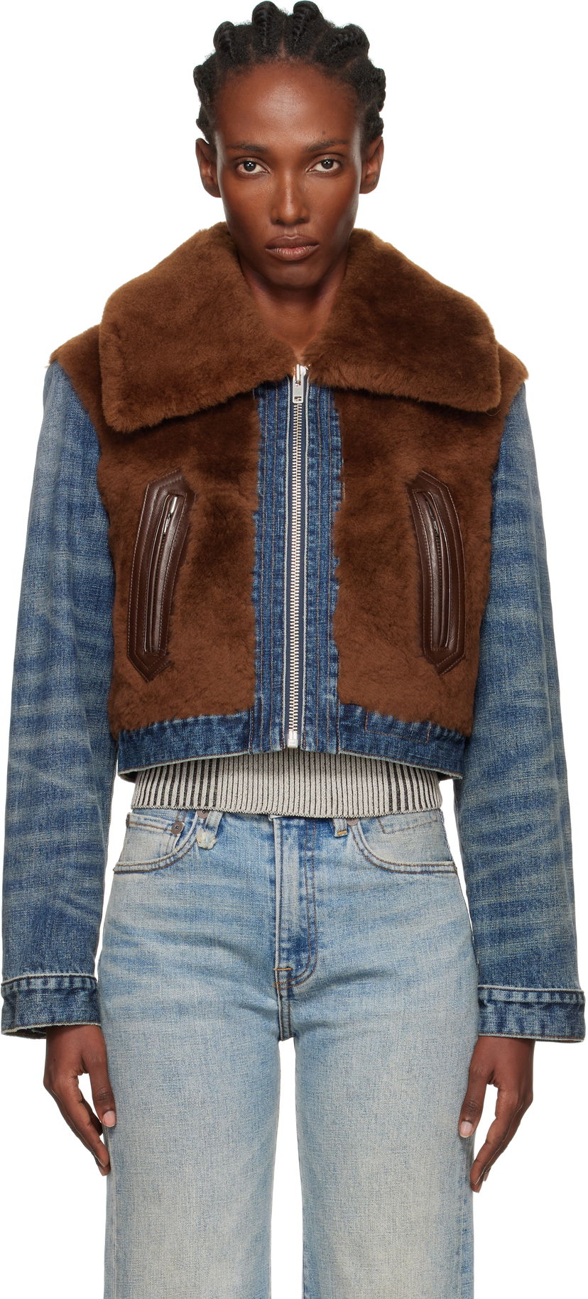 Bunda R13 R13 Cropped Denim & Faux Fur Jacket Modrá | R13WD178-D246A
