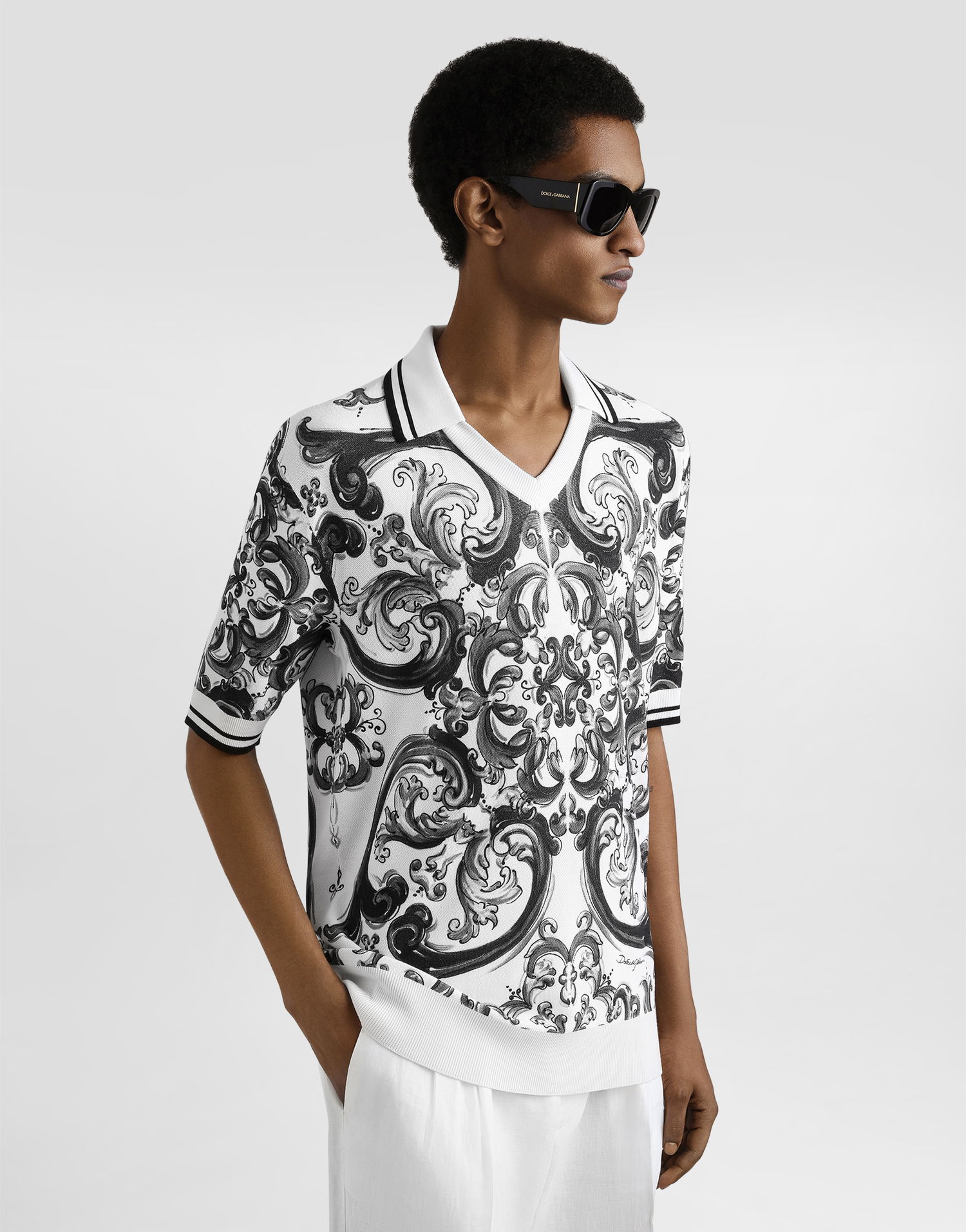 Polo tričko Dolce & Gabbana Dolce & Gabbana Majolica Print Silk Piqué Polo Shirt Biela | GXZ11TJAHLDHX5DQ, 1