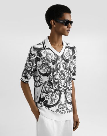 Polo tričko Dolce & Gabbana Dolce & Gabbana Majolica Print Silk Piqué Polo Shirt Biela | GXZ11TJAHLDHX5DQ, 1