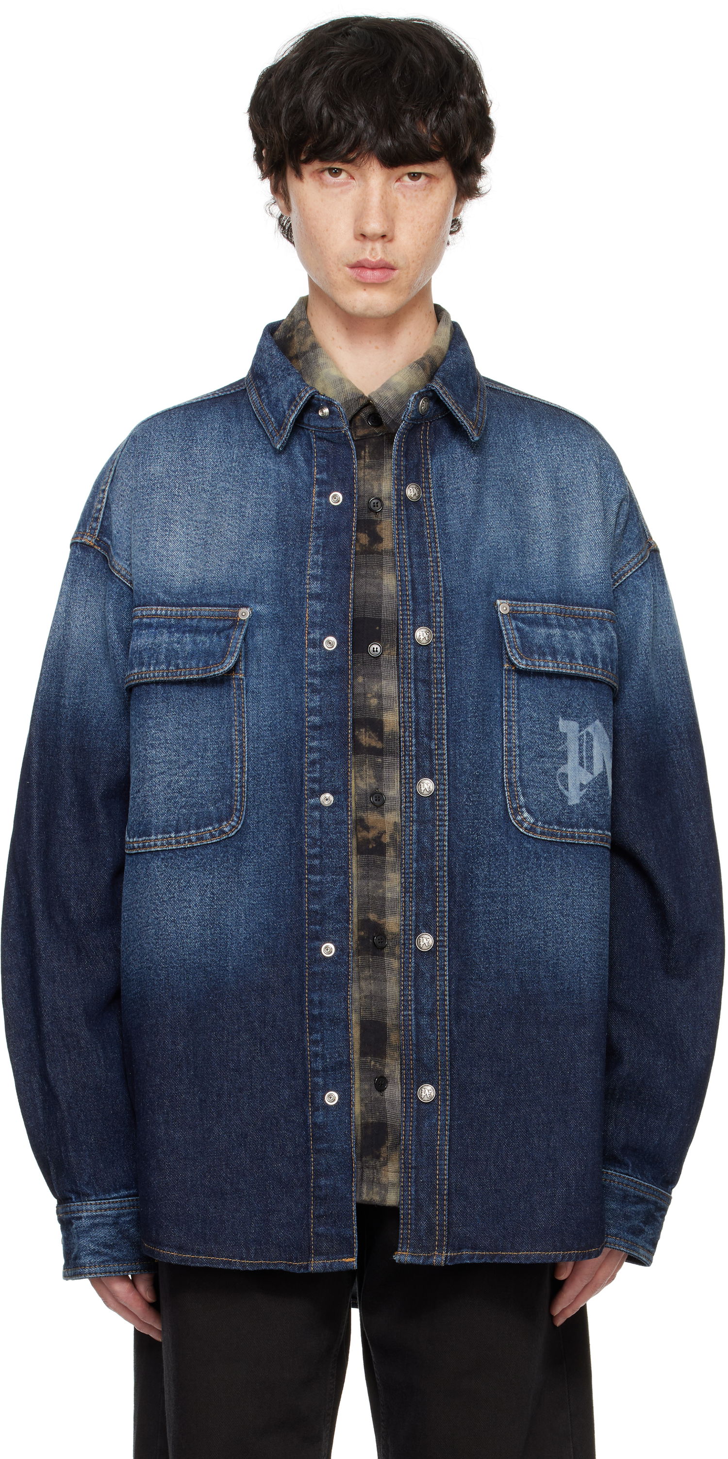 Košeľa Palm Angels Monogram Denim Overshirt Modrá | PMYD020F24DEN0014503, 0