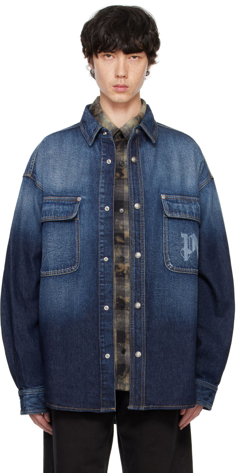 Košeľa Palm Angels Monogram Denim Overshirt Modrá | PMYD020F24DEN0014503