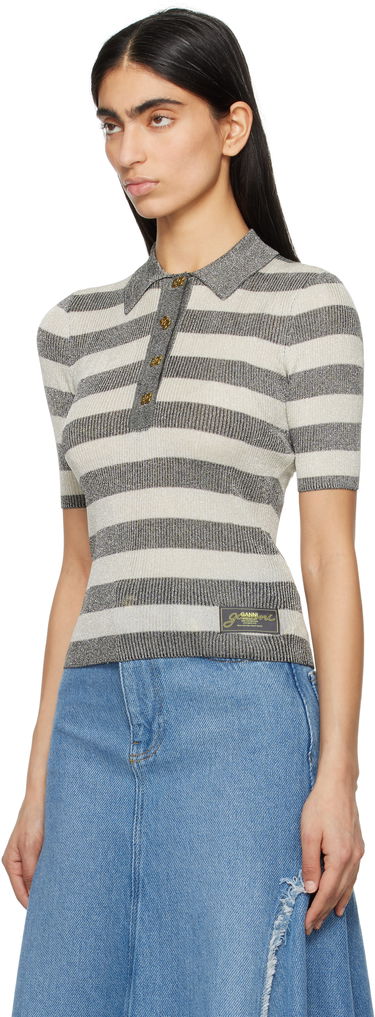 Sveter GANNI GANNI Sparkle Rib Knit Striped Polo Šedá | K2482, 3