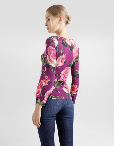 Tričká a tielka Dolce & Gabbana Dolce & Gabbana Rose-Print Silk Long-Sleeve Top Fialová | FXX82TJAHLCHP5IG, 3