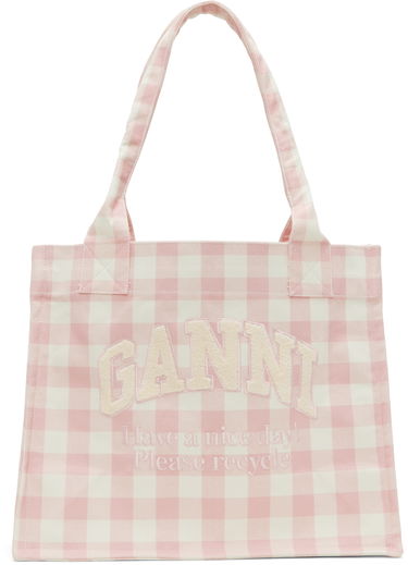 Tote bag GANNI Vichy Check Large Slogan Tote Ružová | A6893, 0