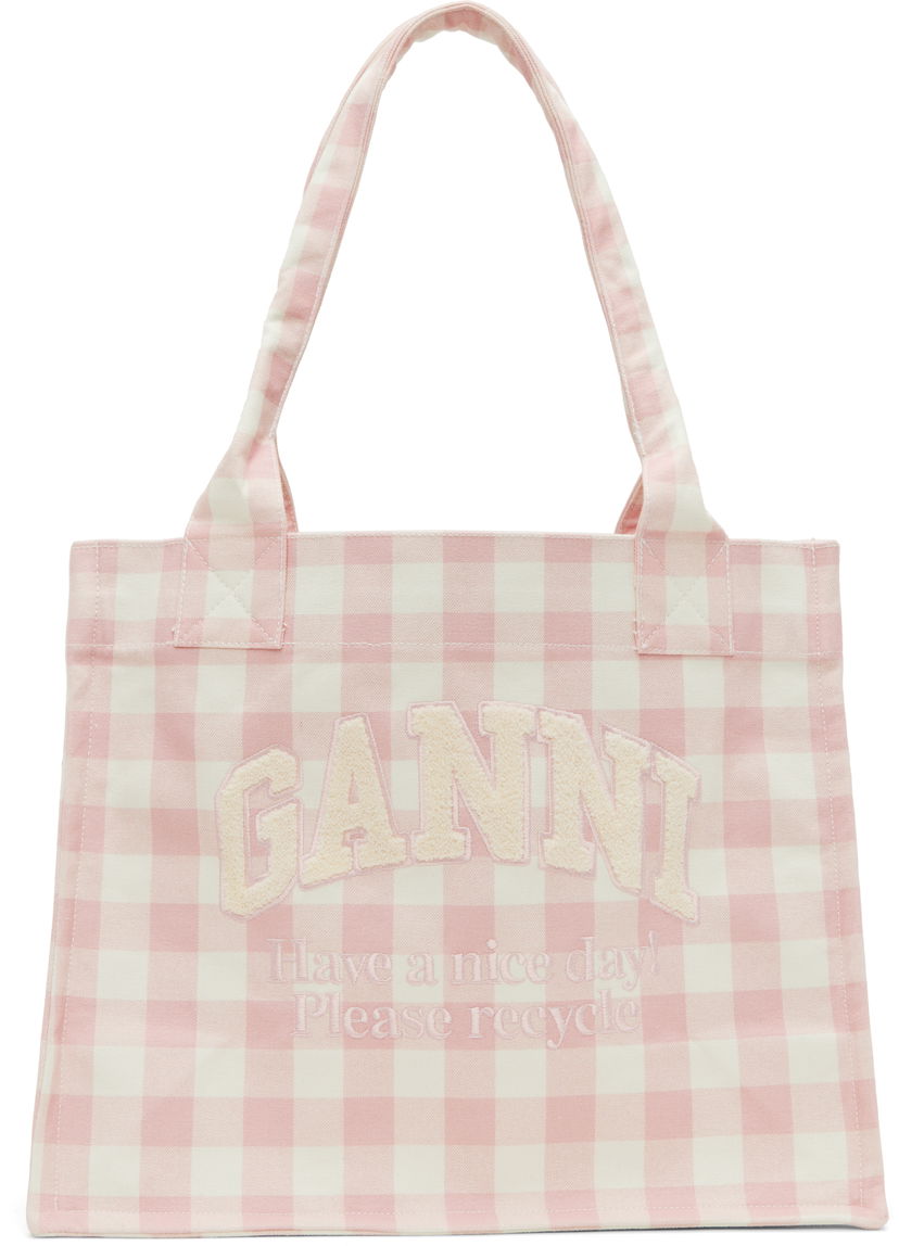 Tote bag GANNI Vichy Check Large Slogan Tote Ružová | A6893