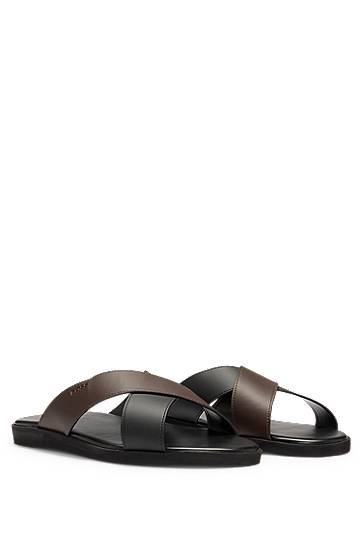 Doplnky BOSS Two-Tone Faux-Leather Slides Hnedá | 50541774, 0
