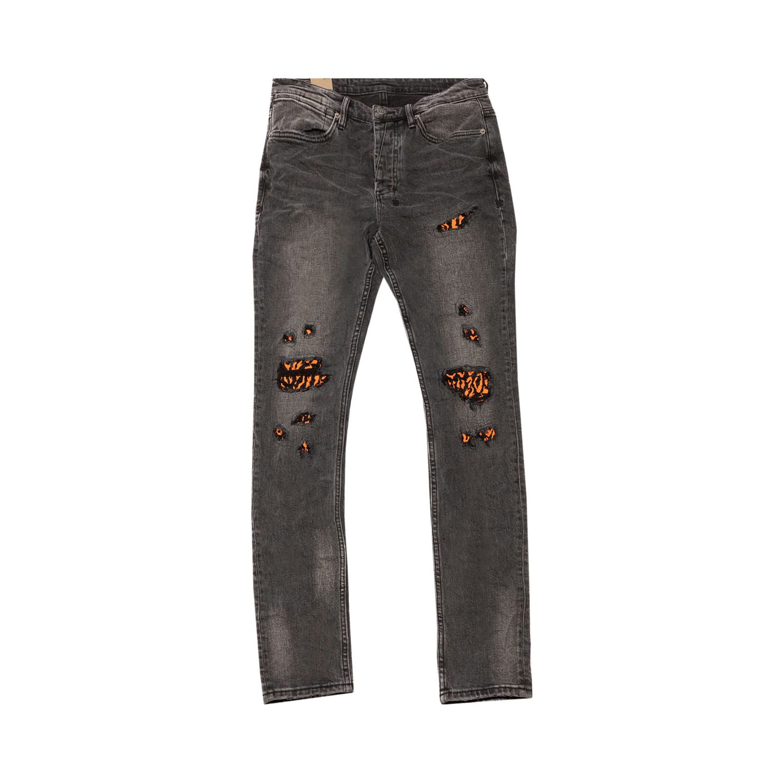 Van Winkle Angst Distressed Denim Jeans with Orange Patches
