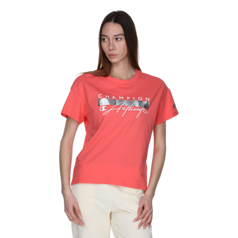 Tričko Champion Crewneck T-Shirt with Metallic Bar and Authentic Script Graphic Ružová | 118184-RS036