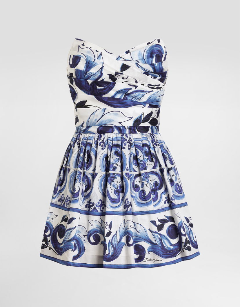 Šaty Dolce & Gabbana DG EXCLUSIVE Majolica-print Cotton Satin Strapless Pleated Mini Dress Rôznofarebný | I6KI3WHS5T1HY3TN