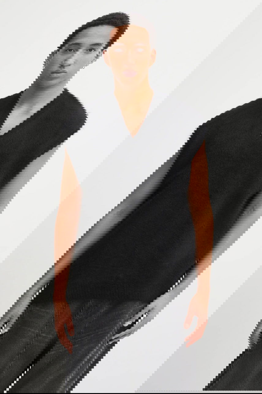 Vesta Needles Needles V-Neck Wool Blend Fuzzy Knit Vest Čierna | RW359, 0