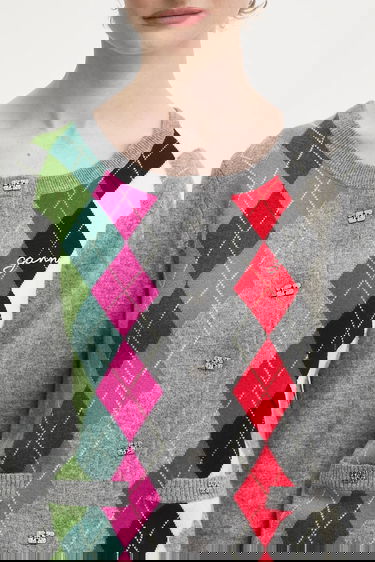 Sveter GANNI Multicolor Argyle Cashmere Wool Mix Round Neck Cardigan Rôznofarebný | K2512, 3