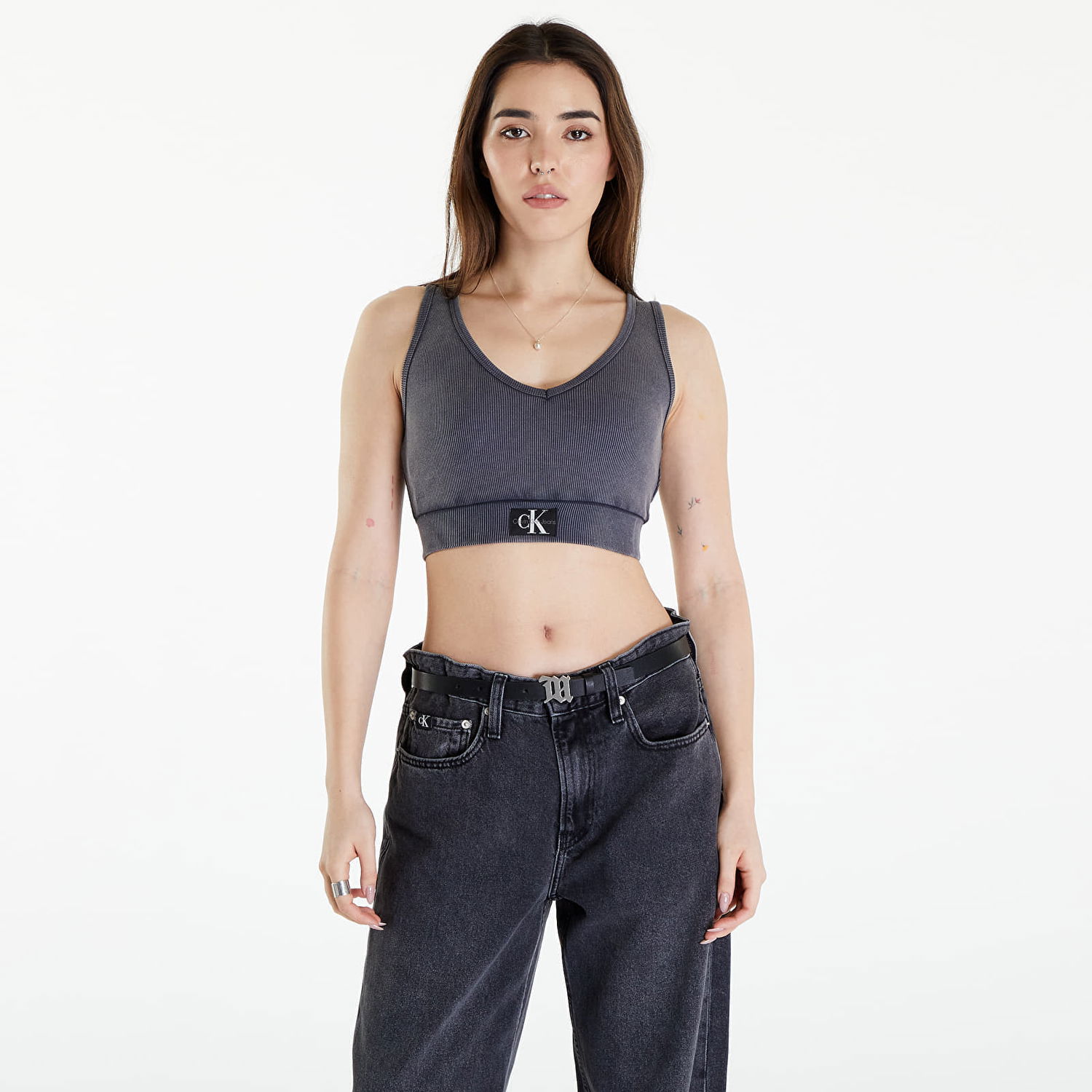 Tielko CALVIN KLEIN Label Washed Rib Crop Top Šedá | J20J223109 PT2, 0