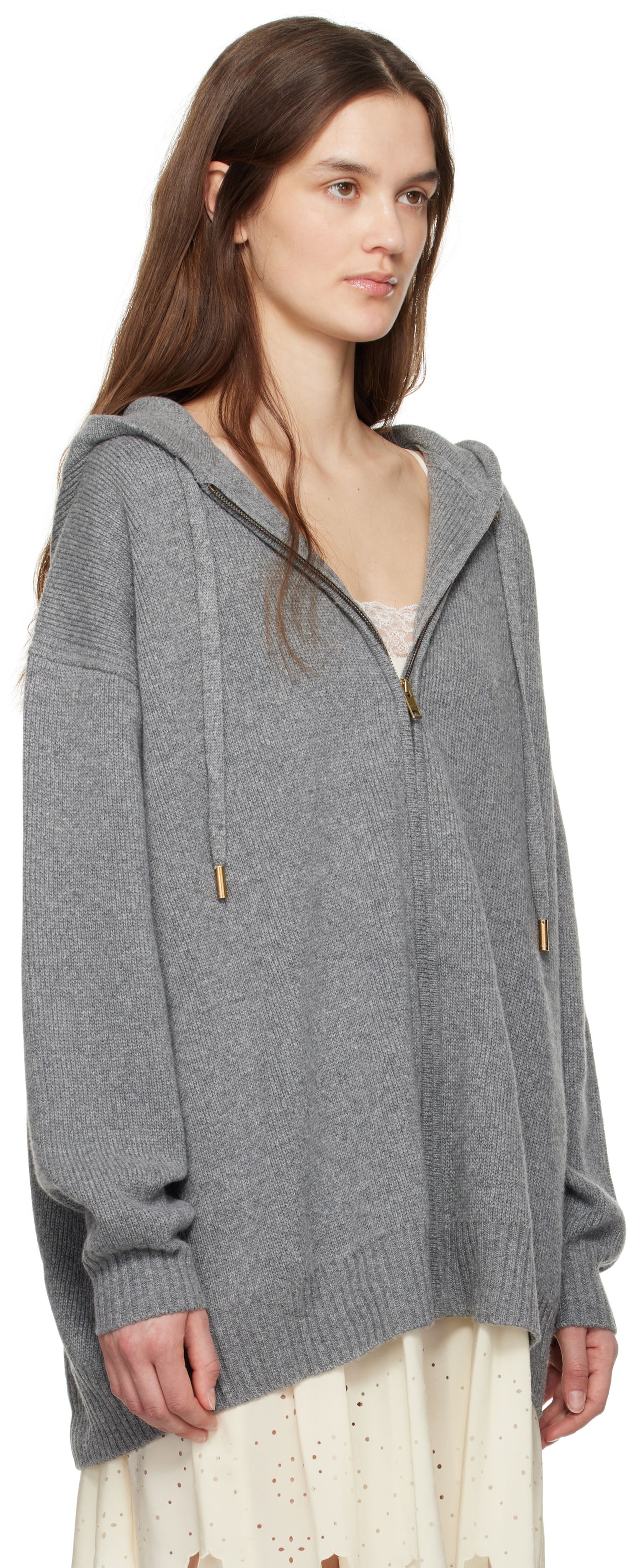 Sveter CHLOÉ Chloé Oversized Knit Zip-Up Hoodie Šedá | CH25SMC05760, 1