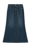 Flared denim maxi skirt with self-tie belt