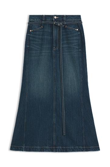 Sukňa BOSS Flared denim maxi skirt with self-tie belt Modrá | 50548436
