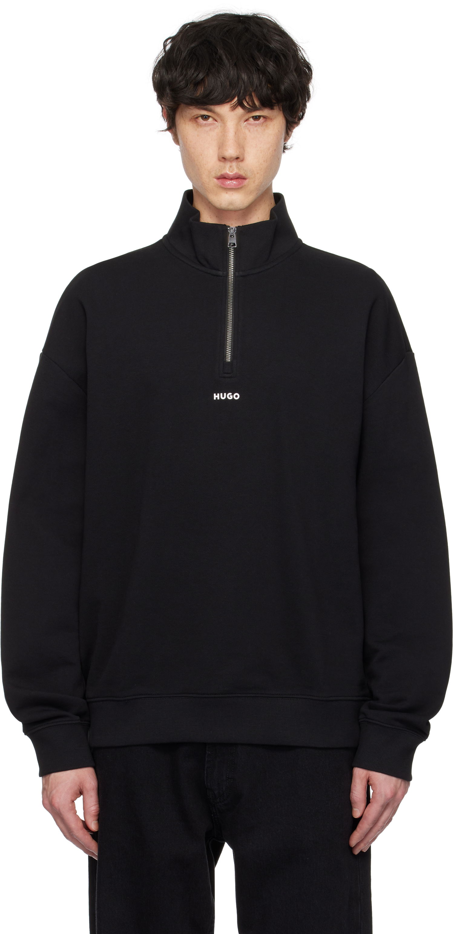 Mikina BOSS Hugo Logo Print Cotton-Terry Zip-Neck Sweatshirt Čierna | 50525881, 0