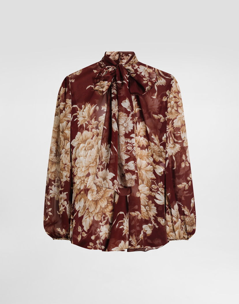 Košeľa Dolce & Gabbana Dolce & Gabbana Rose-Print Chiffon Tie-Neck Blouse Vínová | F5R62TIS1ZOHR4OX