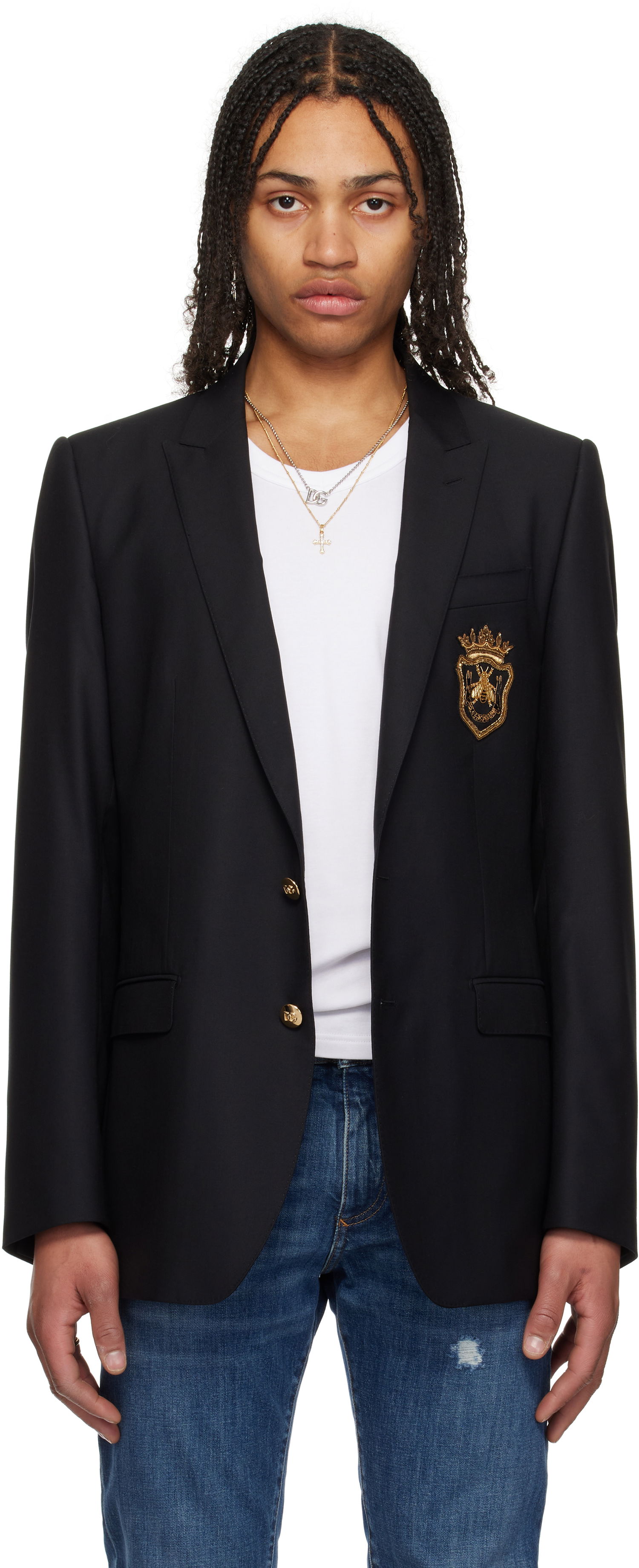 Bunda Dolce & Gabbana Dolce&Gabbana Single-Breasted Wool & Silk Blazer with Patch Čierna | G2LK0ZFU3H1, 0