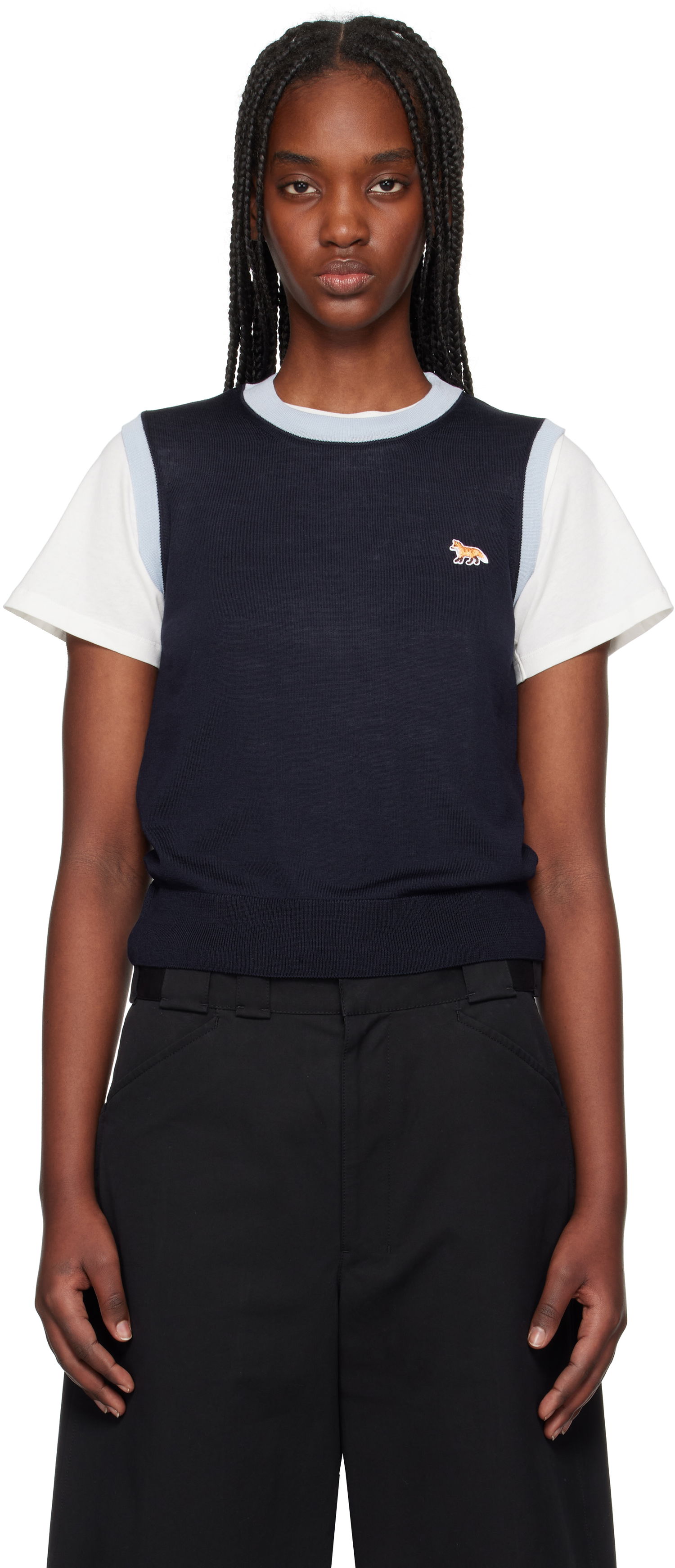 Sveter MAISON KITSUNÉ Maison Kitsuné Bi-Color Knitted Tank Top with Baby Fox Patch Navy | OW00603KT1136, 0