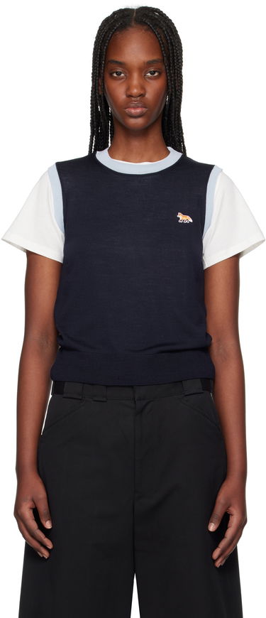 Sveter MAISON KITSUNÉ Maison Kitsuné Bi-Color Knitted Tank Top with Baby Fox Patch Navy | OW00603KT1136, 0