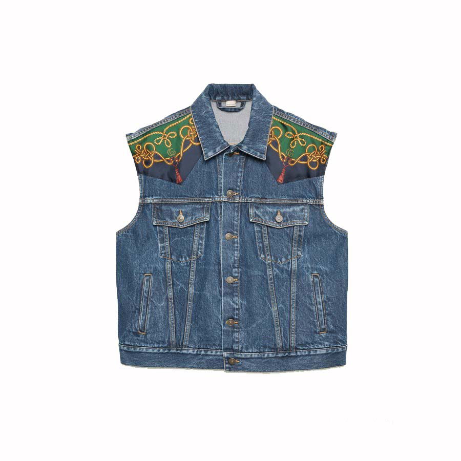 Vesta Gucci Silk Scarf-Panelled Denim Vest Blue Modrá | 692269 XDBYH 4447, 0