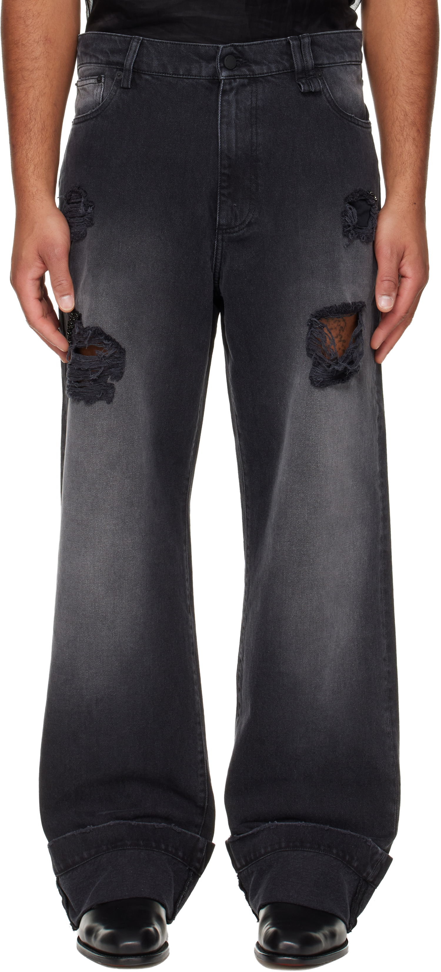 Džínsy Simone Rocha Simone Rocha Embellished Distressed Wide-Leg Cuffed Jeans Čierna | 4161B 1239D, 0