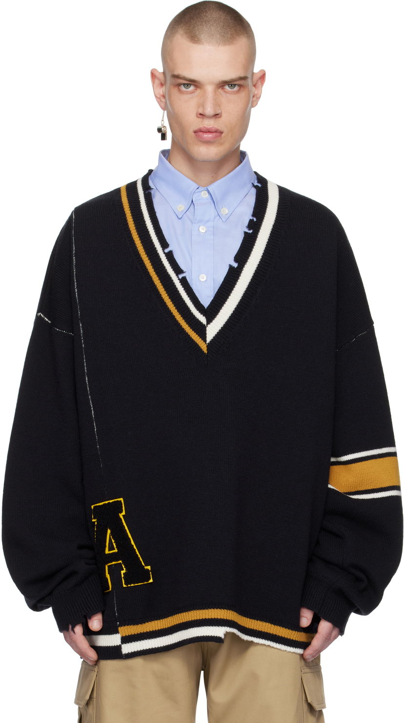 Sveter Ambush Destroyed Rib Knit V-Neck Sweater Čierna | BMHD003F24KNI0011010