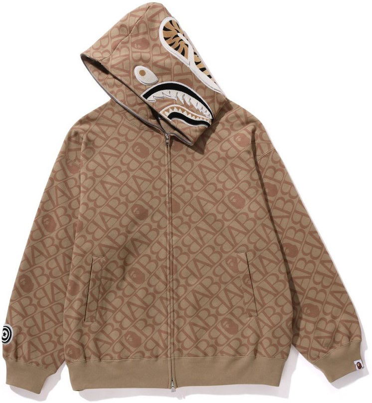 Bape Sport Monogram Shark Full Zip Hoodie Beige