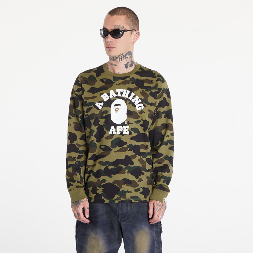 Tričko BAPE A BATHING APE 1St Camo College Long Sleeve Tee Green Zelené | 001LTK801008M GRN