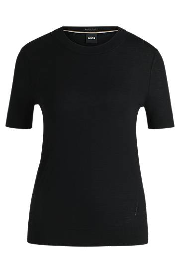 Tričko BOSS Merino Wool Knit T-Shirt Čierna | 50492857, 0