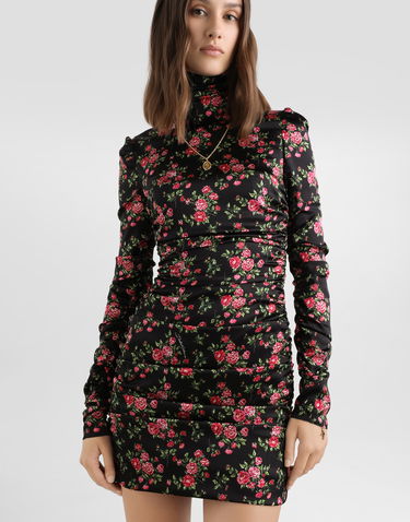Šaty Dolce & Gabbana Small Rose Bouquets-print Long Sleeve High-neck Ruched Satin Dress Rôznofarebný | F60G2TFSA8GHN5XP, 3